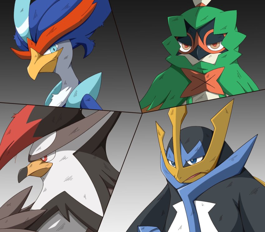 beak, bird, blue_eyes, blue_feathers, blue_fur, closed_mouth, damaged, decidueye
