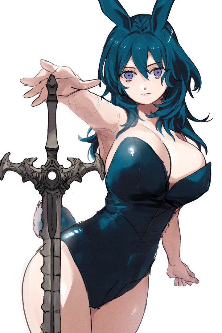 1girl, alternate_costume, animal_ears, bare_shoulders, blue_hair, blue_leotard, breasts, bunny_day, cleavage, commentary, emcgame, expressionless, fake_animal_ears, fake_tail, female_byleth_(fire_emblem), fire_emblem, fire_emblem:_three_houses, hair_between_eyes, large_breasts, leotard, long_hair, looking_at_viewer, nintendo, playboy_bunny, purple_eyes, rabbit_ears, rabbit_tail, simple_background, solo, strapless, strapless_leotard, sword, sword_of_the_creator, untranslatable_commentary, tail, weapon, white_background