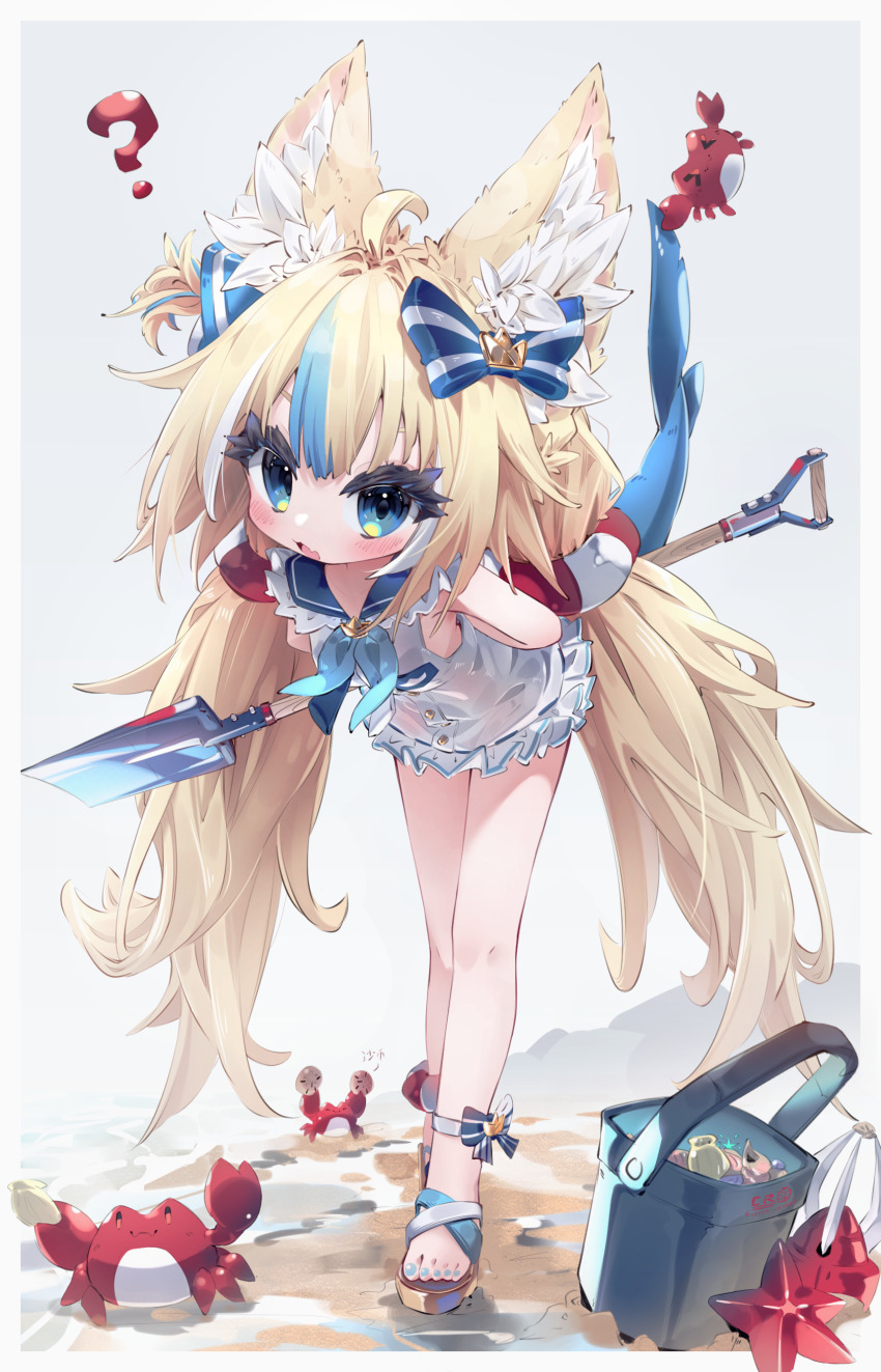 1girl, absurdres, animal_ear_fluff, animal_ears, blonde_hair, blue_eyes, blue_hair, commentary, crab, feet, highres, indie_virtual_youtuber, long_hair, mr.turtle_head, sameko_saba, sandals, tail, toes, virtual_youtuber, weapon