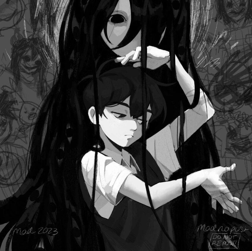 1boy, 1girl, 2023, antenna_hair, arm_up, artist_name, aubrey_(headspace)_(omori), aubrey_(omori)