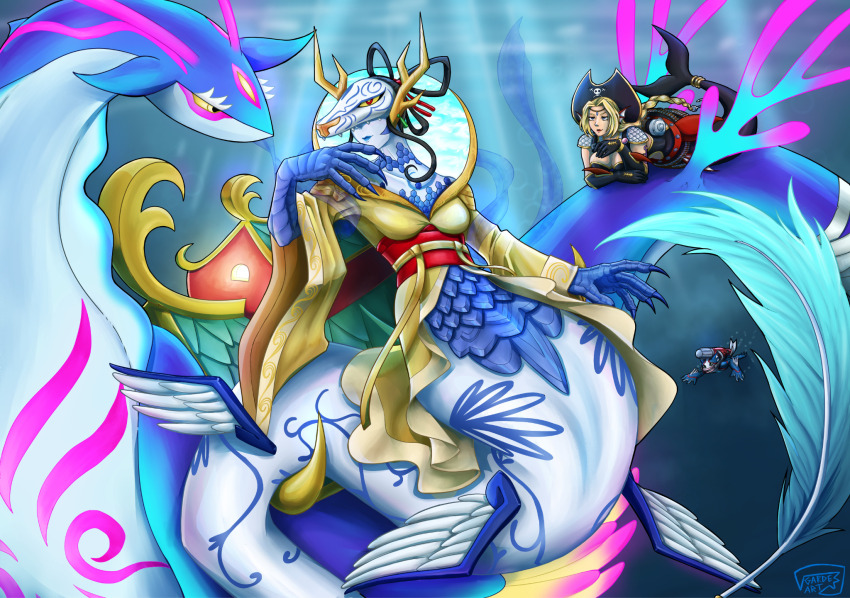 1boy, 2girls, black_bodysuit, black_gloves, black_hair, black_hat, blonde_hair, blue_eyes, blue_lips, blue_skin, bodysuit, breasts, claws, cleavage, closed_mouth, clothing_cutout, collarbone, colored_sclera, colored_skin, commentary, digimon, digimon_(creature), elbow_gloves, english_commentary, fins, full_body, garde-art, gloves, hair_ornament, hair_rings, hand_up, hangyomon, hat, head_fins, highres, horns, japanese_clothes, kimono, large_breasts, long_hair, long_sleeves, looking_at_another, looking_at_viewer, lying, mask, medium_breasts, mermaid, mermaimon, monster, monster_boy, monster_girl, multiple_girls, navel_cutout, on_stomach, palace, parted_bangs, pirate_hat, red_eyes, red_lips, ryugumon, sea_slug, shagaramon, shoulder_pads, signature, tail, tail_ornament, tail_ring, underwater, yellow_kimono, yellow_sclera