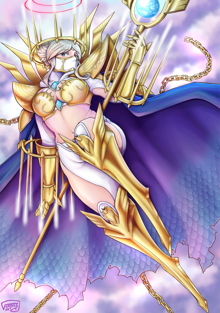 1girl, arm_cutout, armor, armored_boots, blonde_hair, blue_cape, blue_eyes, bodysuit, boobplate, boots, braid, braided_bun, breastplate, breasts, cape, chain, cleavage, clothing_cutout, commentary, crown, digimon, digimon_(creature), double_bun, double_halo, english_commentary, floating, full_body, garde-art, gauntlets, gold_armor, gold_chain, gold_crown, hair_bun, halo, hand_up, highres, holding, holding_staff, junomon, looking_at_viewer, mask, medium_breasts, midriff, mouth_mask, multiple_halos, navel, ninja_mask, parted_bangs, shoulder_armor, sidelocks, signature, solo, staff, torn_cape, torn_clothes, white_bodysuit, white_mask