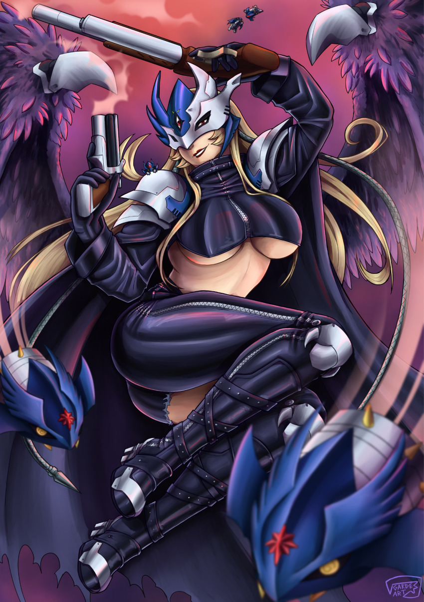 1girl, ankle_gun, arms_up, ass, asymmetrical_clothes, beelstarmon, beelstarmon_x-antibody, belt, belt_collar, black_boots, black_gloves, black_mask, black_pants, blonde_hair, blurry, blurry_foreground, boots, breasts, bullet, collar, commentary, cropped_jacket, derringer, digimon, digimon_(creature), english_commentary, eye_mask, feathered_wings, fly_bullet, fly_bullet:_segundo, full_body, garde-art, gloves, gun, handgun, highres, holding, holding_gun, holding_weapon, jacket, large_breasts, leather, leather_jacket, leather_pants, lipstick, long_hair, looking_at_viewer, makeup, mask, pants, parted_lips, purple_wings, red_eyes, shoulder_pads, sidelocks, signature, single_pantsleg, single_thigh_boot, smile, smoke, smoking_barrel, solo_focus, stomach, thigh_boots, third_eye, tight_clothes, tight_pants, underboob, weapon, wings, zipper