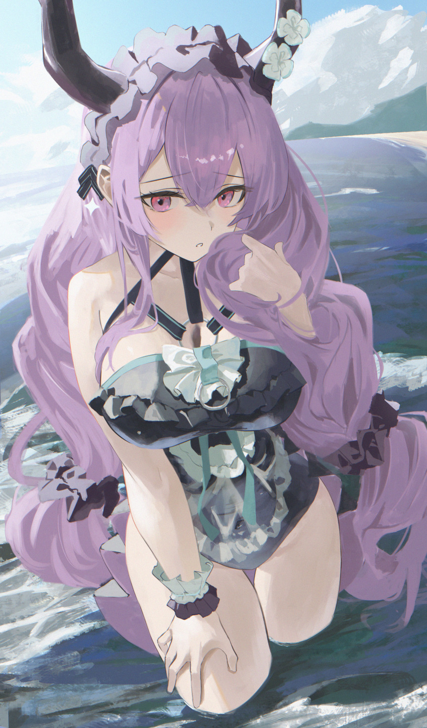 1girl, :o, absurdres, aqua_one-piece_swimsuit, aqua_ribbon, arknights, arm_up, bare_shoulders