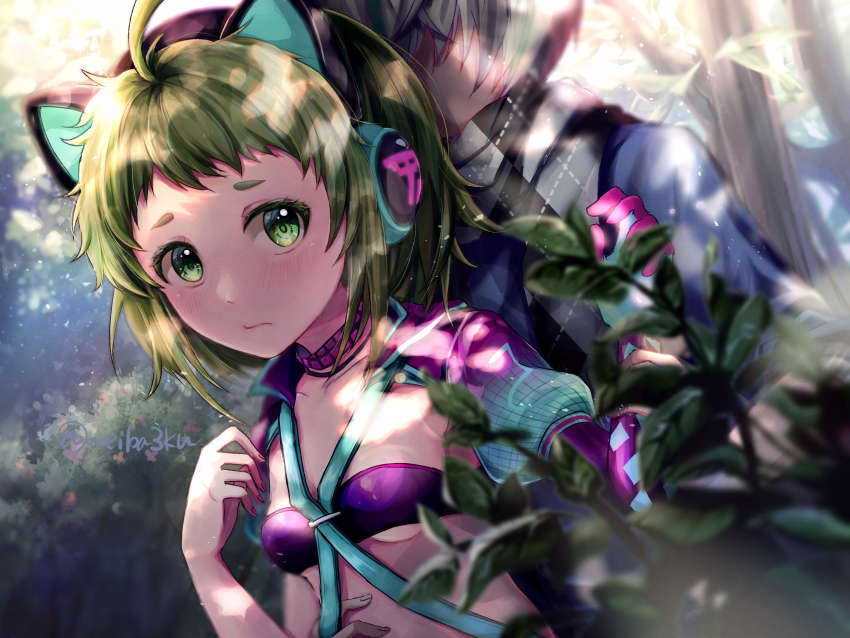 1boy, 1girl, ahoge, animal_ear_headphones, animal_ears, antenna_(dohna_dohna), blurry, blurry_foreground