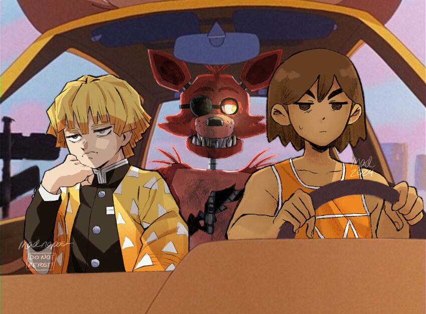 2024, 3boys, a_goofy_movie, agatsuma_zenitsu, artist_name, bags_under_eyes, bare_arms, bare_shoulders