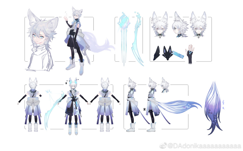 1boy, alternate_costume, amami_kanade_(forever_7th_capital), animal_ears, arm_warmers, black_arm_warmers, black_pantyhose, black_shirt, black_shorts, blue_eyes, blue_fire, blue_jacket, boots, chinese_commentary, claw_(weapon), closed_mouth, cropped_torso, curtained_hair, dadonikaaaaaaaaaaa, drawstring, earrings, expressionless, fire, flaming_ears, forever_7th_capital, fox_boy, fox_ears, fox_ornament, fox_tail, full_body, grey_hair, hair_between_eyes, hand_in_pocket, hand_up, highres, jacket, jewelry, looking_at_viewer, looking_to_the_side, male_focus, medium_hair, mole, mole_under_each_eye, mole_under_eye, multiple_moles, multiple_views, official_art, open_clothes, open_jacket, pantyhose, pixelated, purple_tail, reference_sheet, see-through_clothes, see-through_jacket, shirt, short-sleeved_jacket, short_sleeves, shorts, shoulder_strap, simple_background, sleeveless, sleeveless_jacket, solo, standing, tail, turnaround, turtleneck, turtleneck_shirt, v-shaped_eyebrows, waist_cape, watermark, weapon, weibo_watermark, white_background, white_boots, white_jacket, zipper, zipper_pull_tab