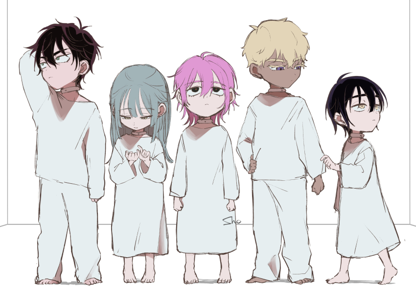 2boys, 3girls, absurdres, alien_stage, arm_behind_head, barefoot, black_eyes, blonde_hair