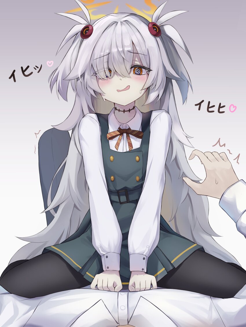 1boy, 1girl, @_@, absurdres, assertive_female, bags_under_eyes, belt, belt_buckle, black_dress, black_pants, black_pantyhose, blue_archive, blush, buckle, buttons, collared_shirt, commentary, crossed_bangs, diagonal-striped_ribbon, dot_nose, double-breasted, dress, eyes_visible_through_hair, fingernails, flat_chest, furrowed_brow, girl_on_top, gradient_background, gradient_halo, grey_background, grey_hair, hair_between_eyes, hair_intakes, hair_ornament, hair_over_one_eye, halo, hamu_(hvmzld123), hand_up, heart, highres, kanoe_(blue_archive), loli, long_bangs, long_hair, long_sleeves, looking_at_viewer, lying, messy_hair, mojyo, multicolored_halo, neck_ribbon, nervous_smile, nervous_sweating, on_back, open_mouth, orange_eyes, orange_halo, pale_skin, pants, pantyhose, parted_bangs, pinafore_dress, pov, puffy_long_sleeves, puffy_sleeves, red_ribbon, ribbon, scar, scar_on_neck, sensei_(blue_archive), shaded_face, shirt, short_twintails, sidelocks, sitting, sitting_on_person, sleeve_cuffs, sleeveless, sleeveless_dress, smile, spread_legs, straddling, sweat, sweatdrop, thighs, translation_request, trembling, twintails, twitching, v_arms, very_long_hair, white_background, white_shirt, yellow_halo