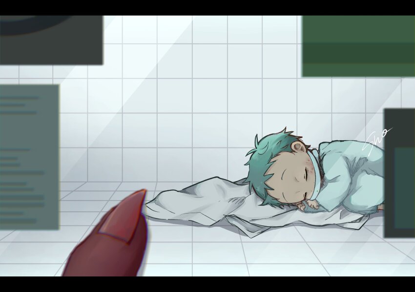 1boy, absurdres, aged_down, alien, alien_stage, closed_eyes, commentary_request, fingernails