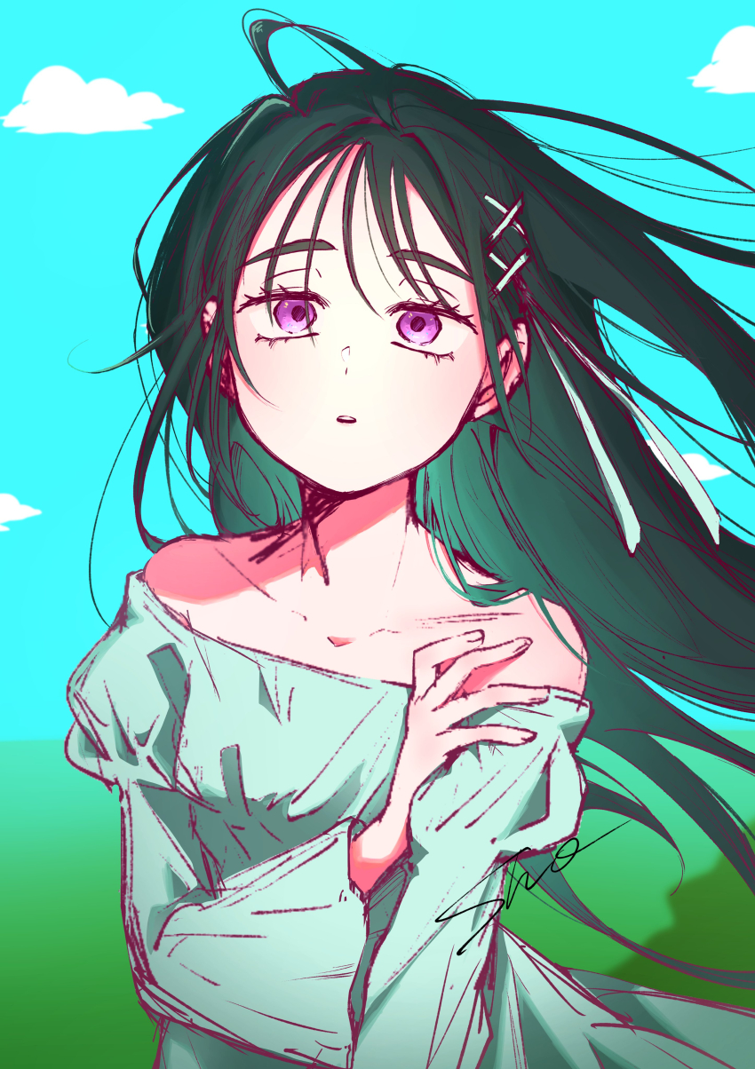 1girl, absurdres, alien_stage, black_hair, blue_sky, cloud, commentary_request, dress