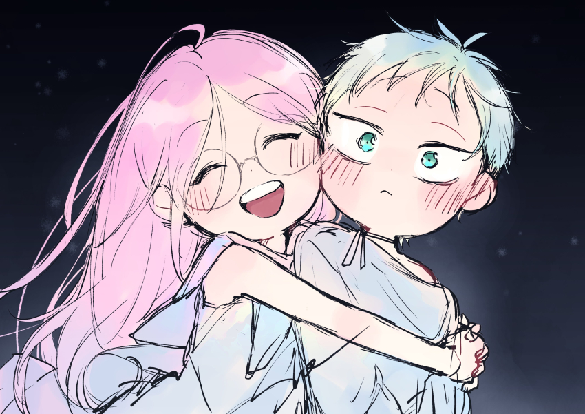 1boy, 1girl, absurdres, aged_down, alien_stage, blush, commentary_request, glasses