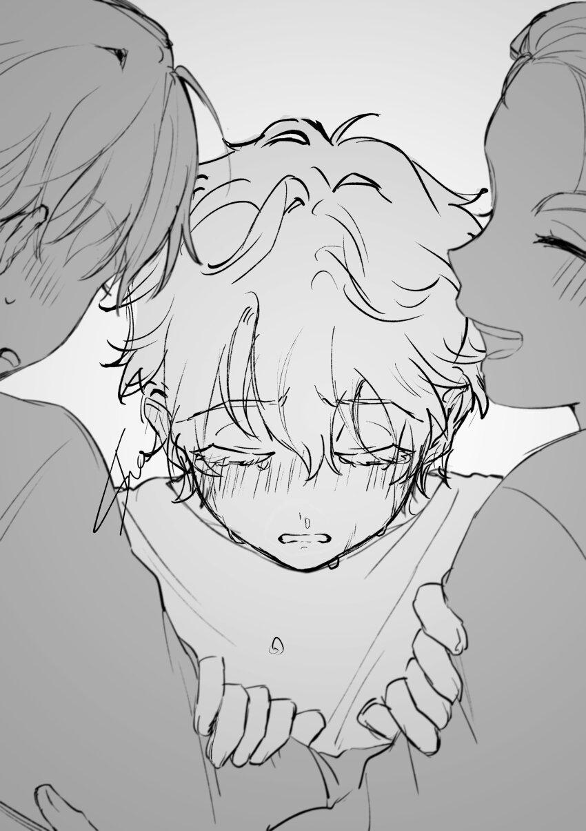 1girl, 2boys, absurdres, alien_stage, closed_eyes, commentary_request, crying, greyscale