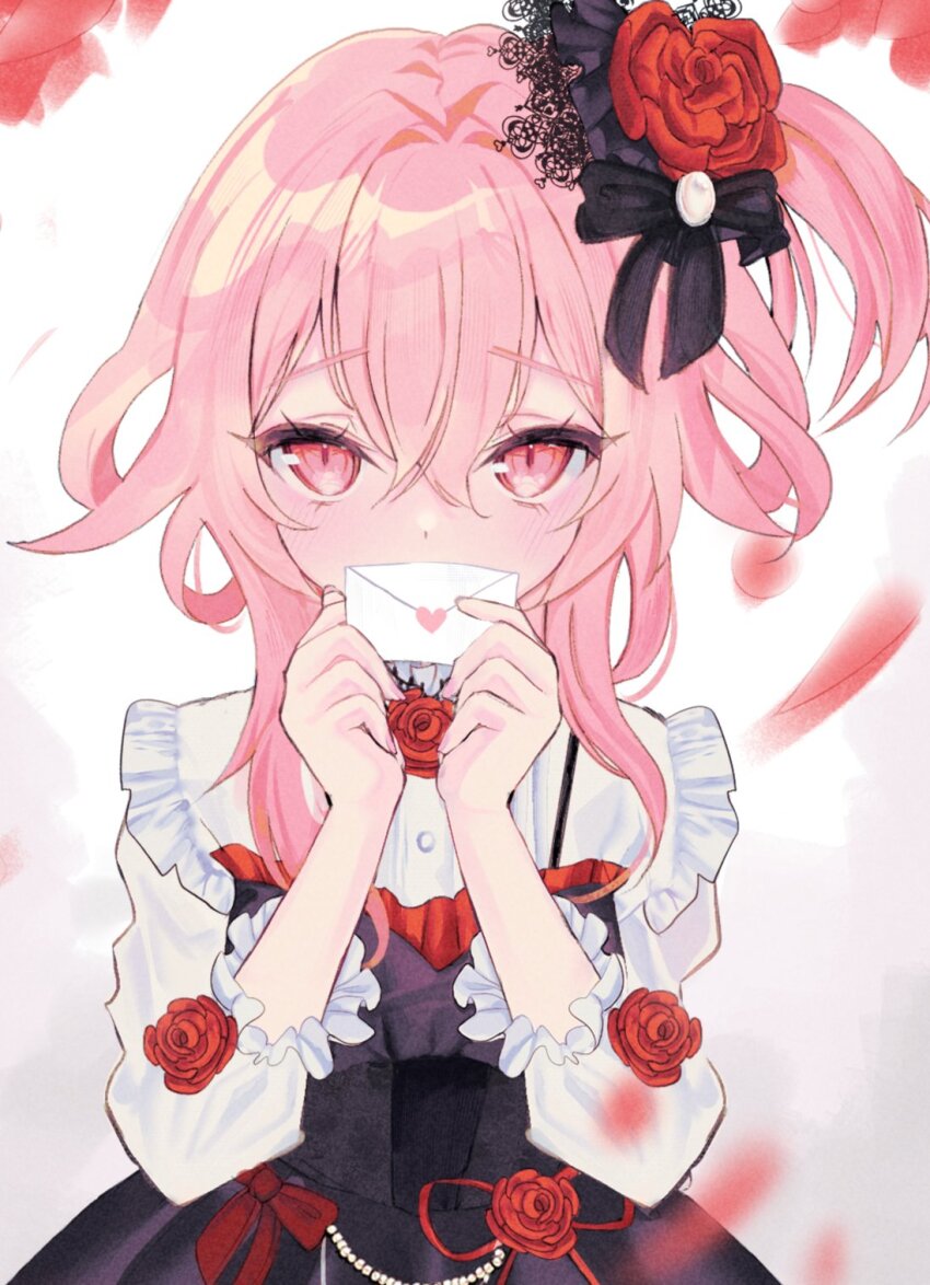 1girl, black_dress, blush, bow, covering_own_mouth, dot_nose, dress, falling_petals