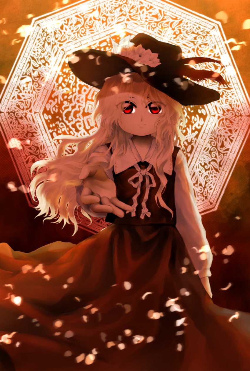 1girl, backlighting, black_hat, blonde_hair, bow, brown_skirt, brown_vest, closed_mouth, collar, commentary, cowboy_shot, dated_commentary, dolls_in_pseudo_paradise, eyes_visible_through_hair, falling_petals, flat_chest, frills, glowing_symbol, hat, hat_feather, highres, jacket_girl_(dipp), light_smile, long_hair, long_sleeves, looking_at_viewer, octagon, outstretched_hand, petals, reaching, reaching_towards_viewer, red_eyes, ribbon, skirt, solo, standing, staring, touhou, user_rdeh3228, vest, wavy_hair, white_bow, white_collar, white_ribbon, wind, wind_lift