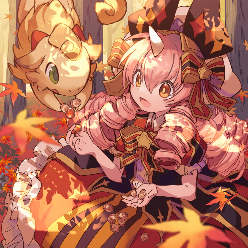1girl, acorn, autumn_leaves, bow, brown_eyes, cotton_(p&amp;d), dress, drill_hair
