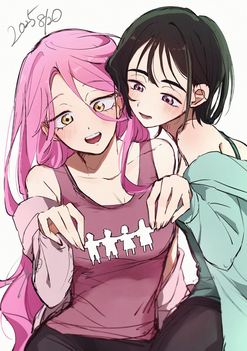 2girls, absurdres, alien_stage, aqua_jacket, birthday, black_hair, breasts, commentary