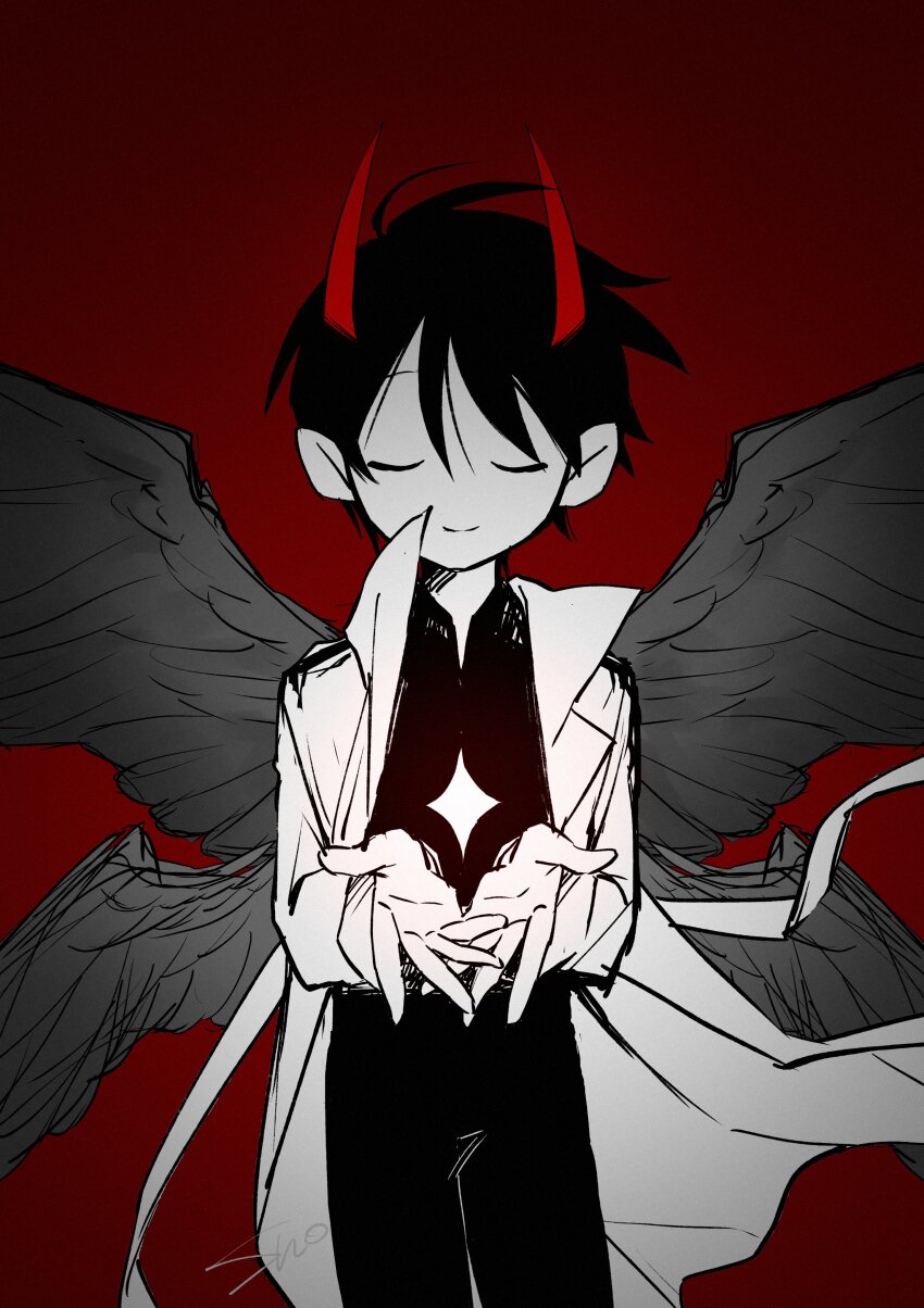 1boy, absurdres, closed_eyes, coat, cowboy_shot, cupping_hands, feathered_wings, greyscale_with_colored_background