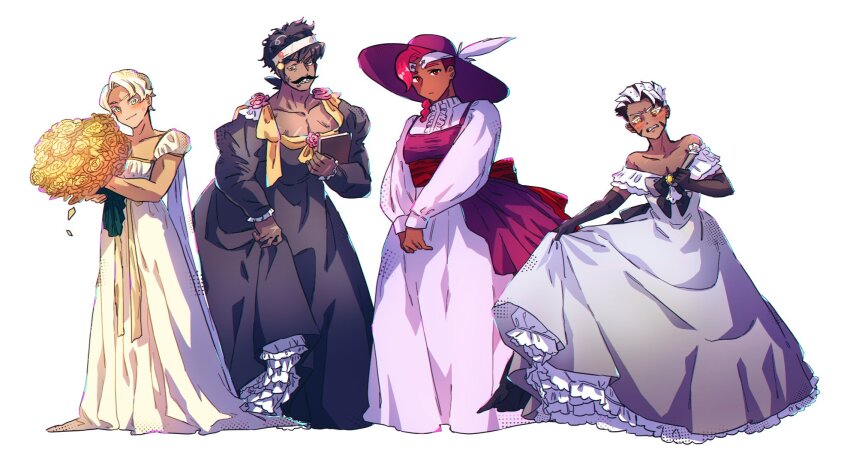 4boys, alternate_costume, black_bow, black_bowtie, black_gloves, black_hair, blonde_hair, blush