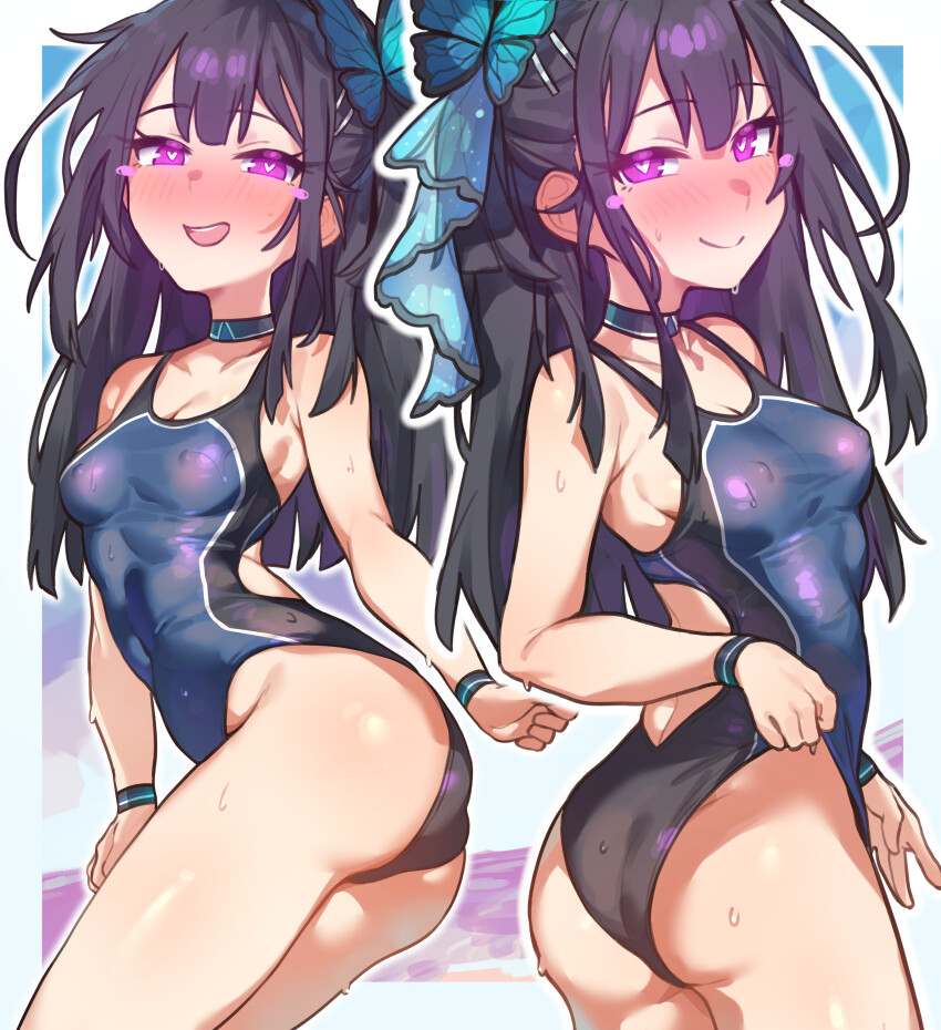 1girl, absurdres, ass, bare_shoulders, black_hair, black_one-piece_swimsuit, blue_one-piece_swimsuit, blush, breasts, butterfly_hair_ornament, choker, competition_swimsuit, fate/grand_order, fate_(series), glowing, glowing_eyes, hair_ornament, hair_ribbon, hairclip, highleg, highleg_one-piece_swimsuit, highres, long_hair, looking_at_viewer, miyu_edelfelt, miyu_edelfelt_(swimsuit_lancer)_(third_ascension), multiple_views, one-piece_swimsuit, purple_eyes, radishkek, ribbon, sidelocks, small_breasts, swimsuit, thighs, two-tone_one-piece_swimsuit