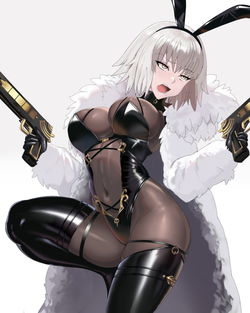 1girl, animal_ears, asoberis, black_gloves, black_leotard, black_thighhighs, bodysuit, breasts, brown_bodysuit, coat, cosplay, covered_navel, dual_wielding, evertale, fake_animal_ears, fate/grand_order, fate_(series), fur_coat, fur_trim, gloves, grey_hair, gun, highres, holding, jeanne_d'arc_alter_(fate), lancelot_(evertale), lancelot_(evertale)_(cosplay), large_breasts, leotard, leotard_over_bodysuit, long_sleeves, looking_to_the_side, nontraditional_playboy_bunny, open_mouth, playboy_bunny, rabbit_ears, see-through_cleavage, see-through_clothes, solo, thighhighs, weapon, yellow_eyes