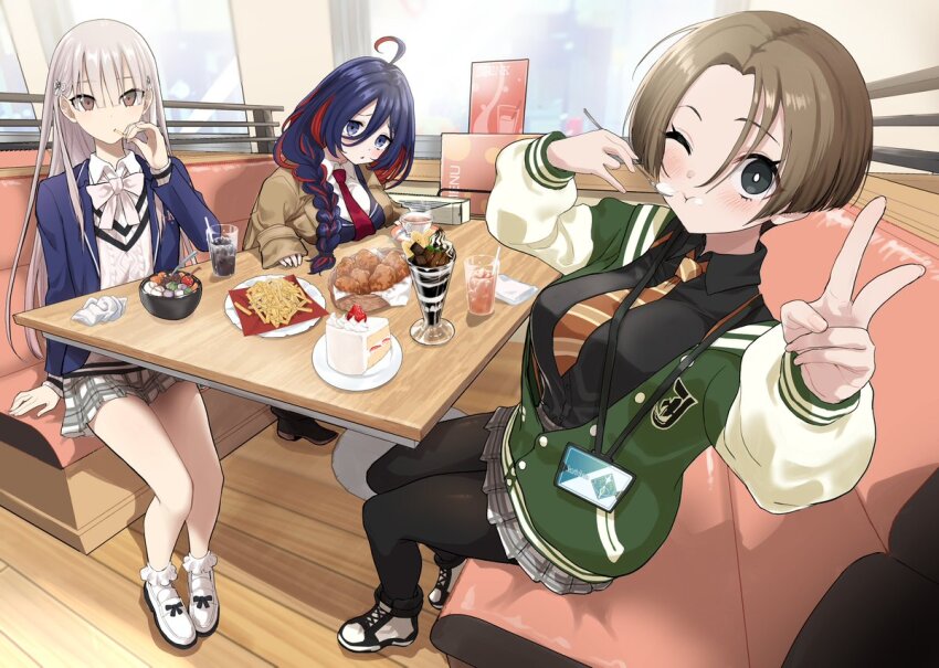 3girls, arisaka_aruka, blue_hair, booth_seating, brown_hair, countdown_illustration, eating, food, glass, hatsuse_noa, jacket, kurosususu, letterman_jacket, looking_at_viewer, menu_board, multicolored_hair, multiple_girls, noma_ema, official_art, oversized_clothes, parfait, restaurant, school_uniform, second-party_source, soda, two-tone_hair, v, varlet, white_hair