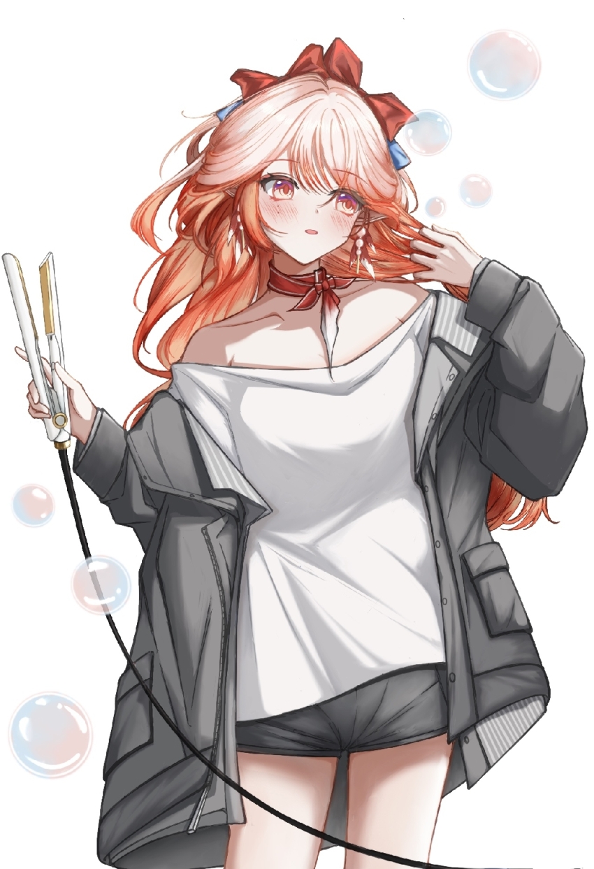 1girl, alternate_costume, arknights, black_shorts, blush, bow, breasts, bubble