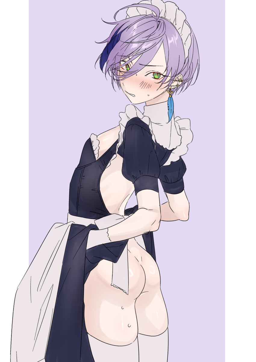 1boy, absurdres, apron, ass, blush, clenched_teeth, clothes_lift, cowboy_shot, crossdressing, crossdressing_(mtf), ear_piercing, earrings, feather_earrings, feathers, from_side, green_eyes, hair_between_eyes, highres, jewelry, long_bangs, looking_at_viewer, looking_back, maid, maid_apron, maid_headdress, male_focus, multicolored_hair, nijisanji, omiyacha, outside_border, piercing, pillarboxed, purple_background, purple_hair, sakaki_ness, simple_background, single_earring, skirt, skirt_lift, solo, streaked_hair, sweatdrop, teeth, thighhighs, trap, virtual_youtuber, waist_apron