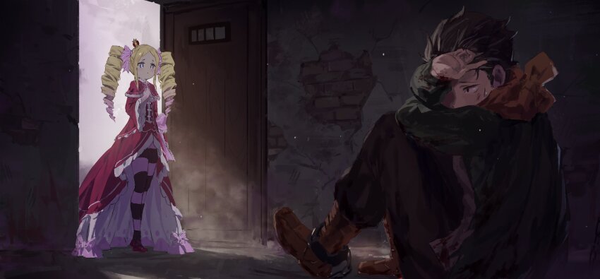 1boy, 1girl, absurdres, beatrice_(re:zero), black_hair, blonde_hair, blood, blood_on_clothes