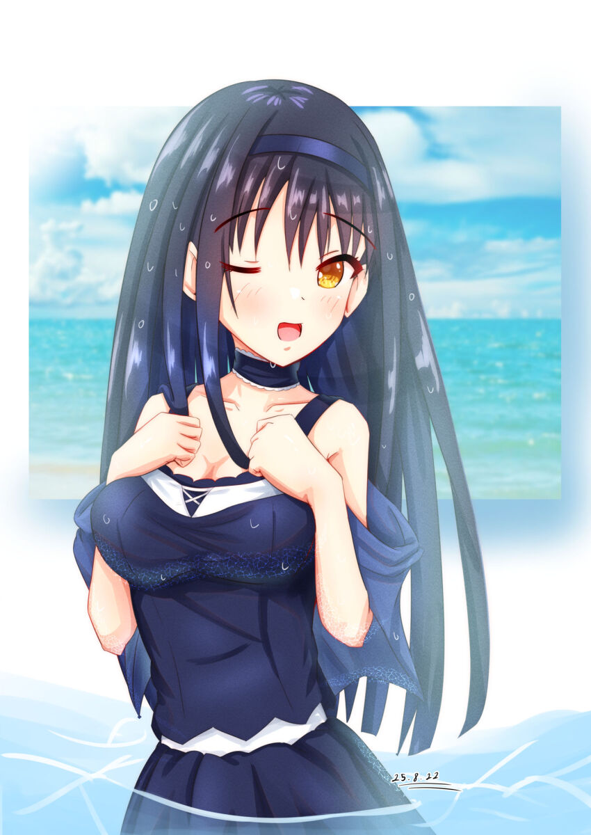 1girl, 2025, ;d, bare_shoulders, black_camisole, black_choker, black_hair, black_hairband