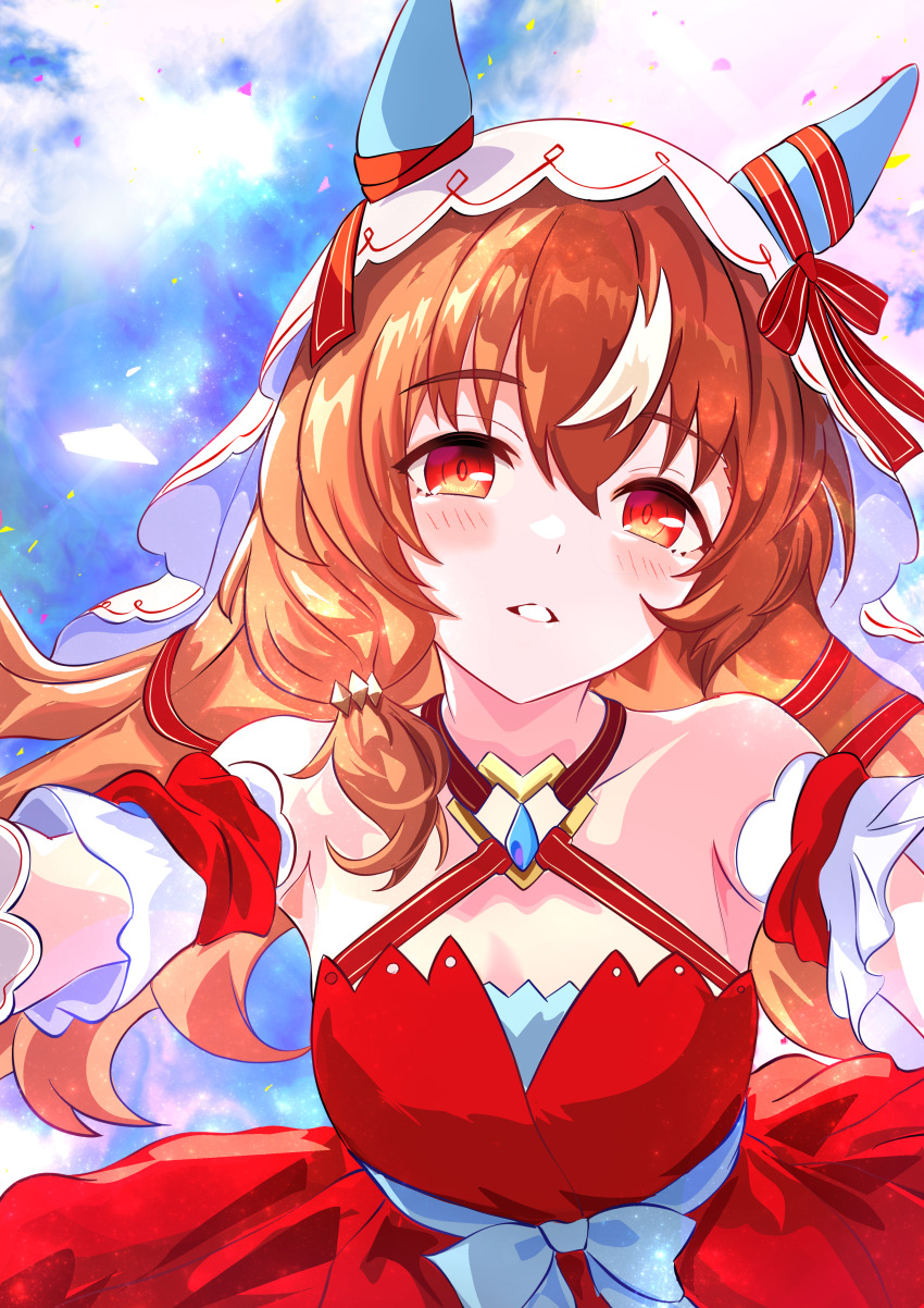 1girl, absurdres, animal_ears, bare_shoulders, blush, brown_hair, detached_sleeves, dress