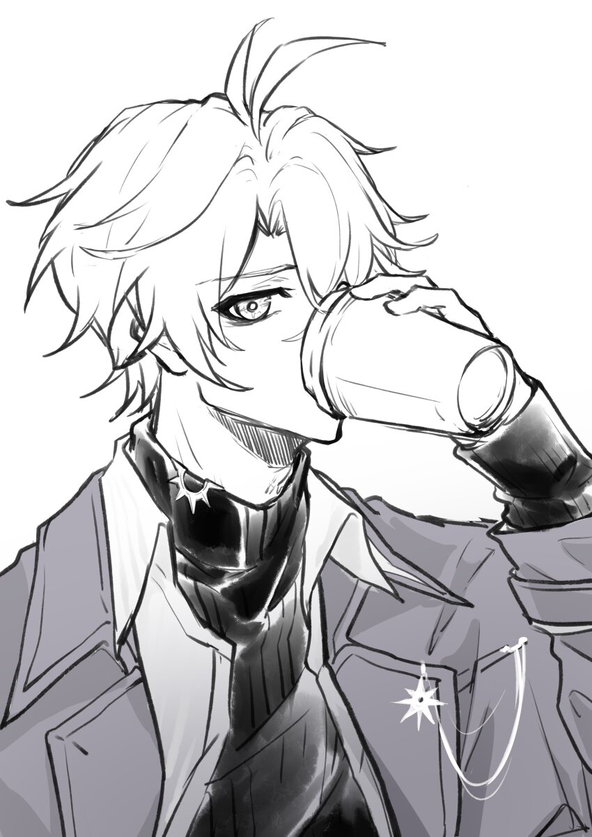 1boy, absurdres, antenna_hair, black_shirt, coat, crossed_bangs, cup, drinking