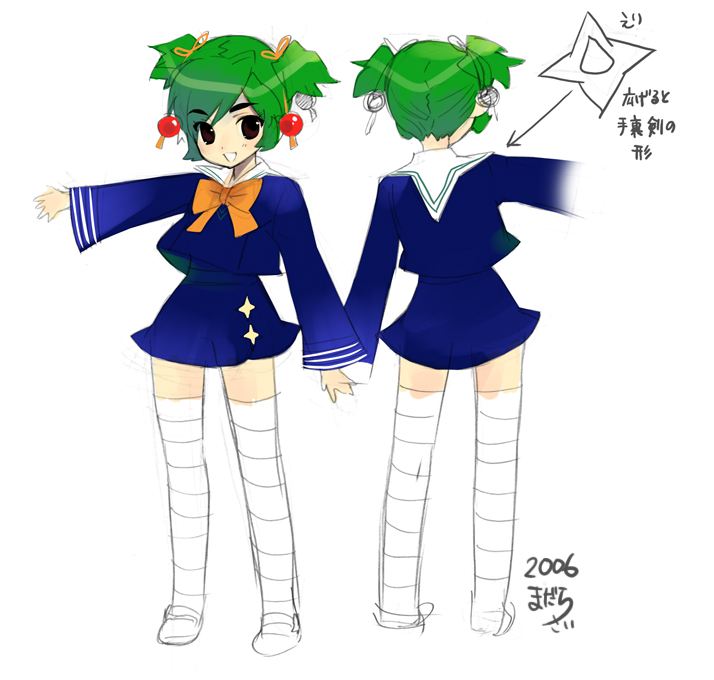00s, bow, green_hair, hair_ribbon, hattori_yamame, kage_kara_mamoru!, madara_sai, ribbon, school_uniform, serafuku, short_hair, sketch, thighhighs, translation_request