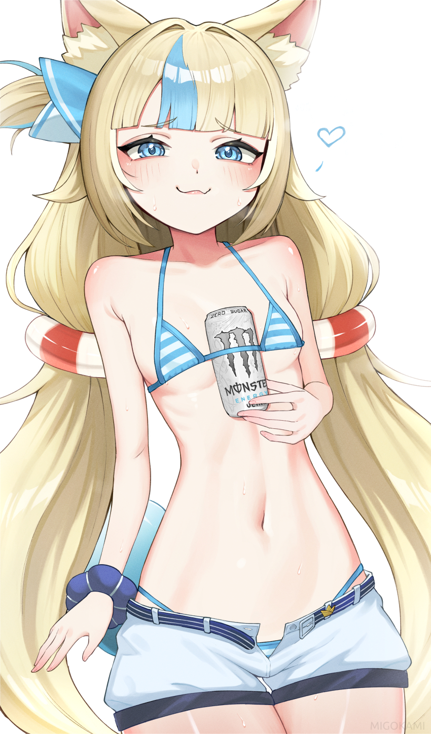1girl, absurdres, animal_ear_fluff, animal_ears, bikini, blonde_hair, blue_bikini, blue_eyes
