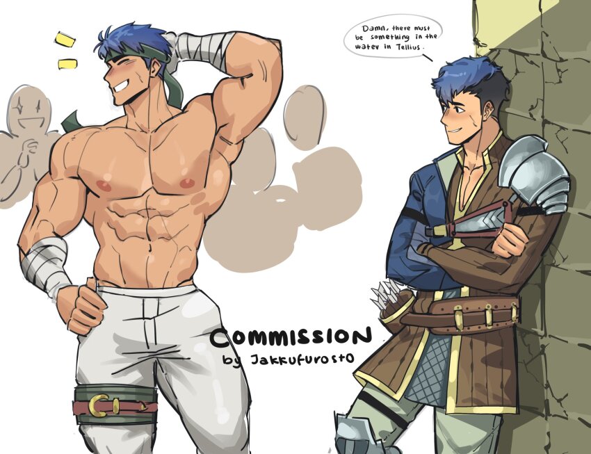 2boys, abs, against_wall, arm_behind_head, bara, blue_hair, closed_eyes, commentary, commission, crossed_arms, english_commentary, fire_emblem, fire_emblem:_radiant_dawn, fire_emblem_echoes:_shadows_of_valentia, fire_emblem_heroes, grin, highres, ike_(fire_emblem), jakkufurosto, large_pectorals, male_focus, multiple_boys, muscular, muscular_male, nintendo, nipples, pectorals, python_(fire_emblem), short_hair, smile, speech_bubble, topless_male, twitter_username
