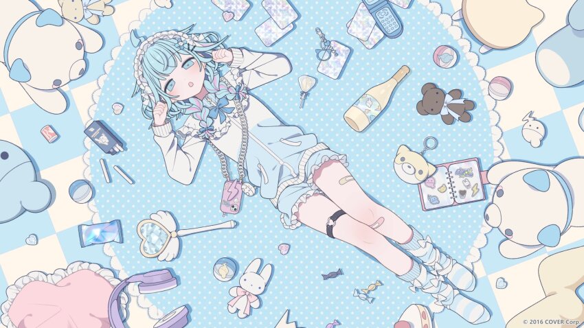 1girl, ahoge, bandaid, bandaid_on_knee, bandaid_on_leg, bikini, blue_eyes, blue_hair, blue_jacket, blue_shorts, blunt_bangs, boots, braid, cellphone, commentary_request, copyright_notice, flip_phone, frilled_shirt_collar, frilled_shorts, frills, full_body, hair_flaps, headphones, heart, heart_o-ring, highres, hololive, hololive_dev_is, jacket, kotoruri, lightning_ahoge, long_hair, looking_at_viewer, loose_socks, low_twin_braids, lying, mizumiya_su, multicolored_hair, multicolored_jacket, no_shoes, notebook, o-ring, o-ring_thigh_strap, official_art, on_back, on_floor, open_mouth, phone, pink_hair, short_shorts, shorts, side-tie_bikini_bottom, smartphone, socks, solo, streaked_hair, striped_clothes, striped_socks, stuffed_animal, stuffed_toy, swimsuit, teddy_bear, thigh_strap, twin_braids, two-tone_jacket, virtual_youtuber, white_jacket, white_socks