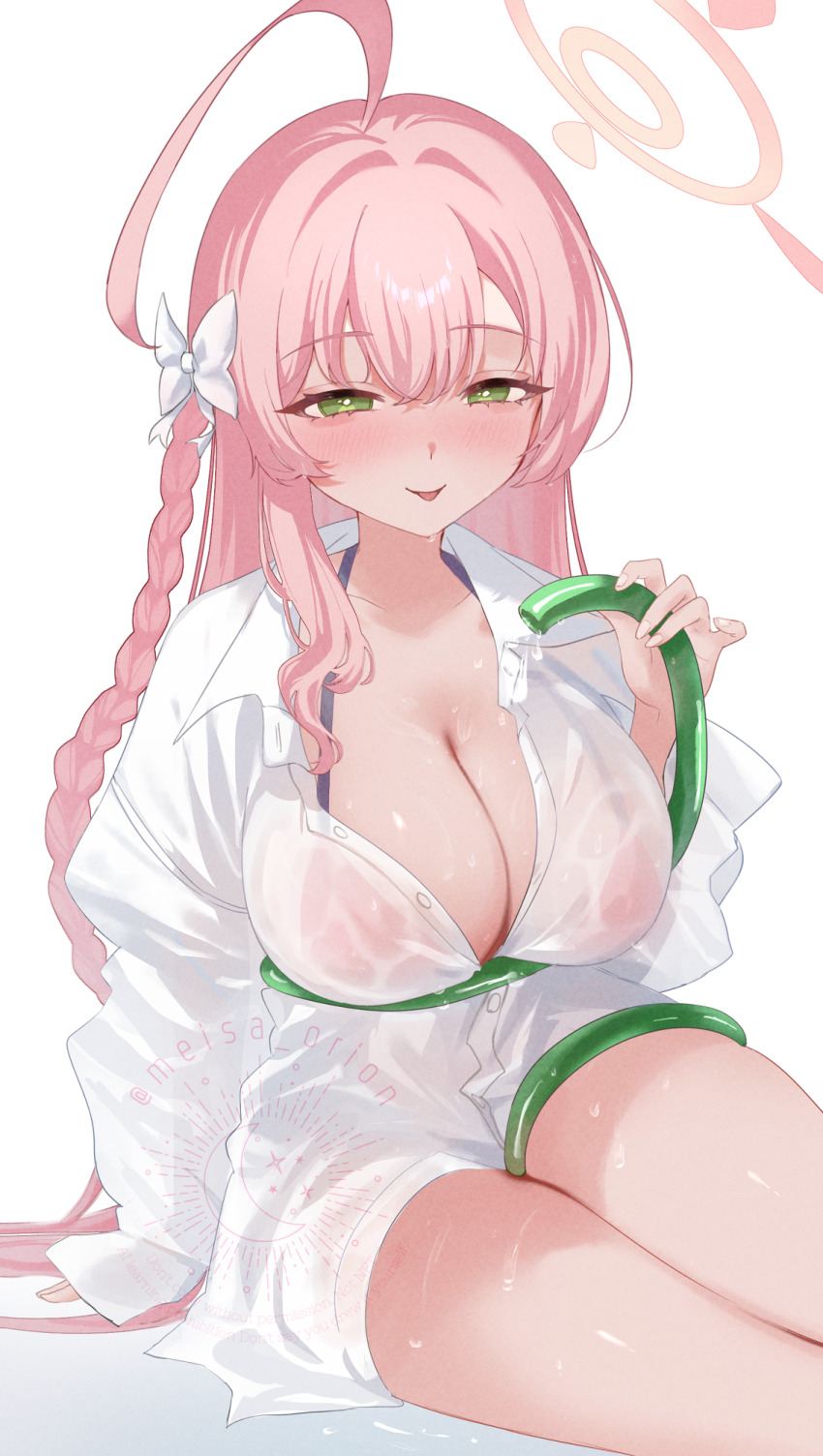1girl, ahoge, bikini, blue_archive, blush, bow, braid, breasts, cleavage, collarbone, green_eyes, hair_between_eyes, hair_bow, halo, hanako_(blue_archive), hanako_(swimsuit)_(blue_archive), highres, holding, holding_hose, hose, huge_ahoge, large_breasts, long_hair, looking_at_viewer, meisa_orion, pink_hair, pink_halo, red_bikini, shirt, single_braid, sitting, solo, swimsuit, thighs, tongue, tongue_out, twitter_username, watermark, white_bow, white_shirt