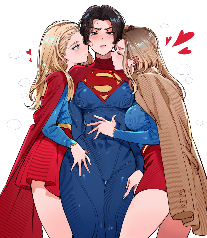 3girls, absurdres, black_hair, blonde_hair, blue_bodysuit, blue_eyes, blush, bodysuit, breasts, brown_coat, brown_hair, cape, closed_eyes, coat, dc_comics, girl_sandwich, heart, highres, kiss, kissing_neck, large_breasts, long_hair, long_sleeves, looking_at_viewer, medium_breasts, miniskirt, missing_legwear, multiple_girls, multiple_persona, navel, qiandaiyiyu, red_cape, sandwiched, selfcest, short_hair, skirt, smile, steam, supergirl, supergirl_(2015), superhero_costume, superman_(2025), superman_(series), superman_logo, sweat, sweatdrop, the_flash_(movie), the_flash_(series), wavy_mouth, white_background, yuri