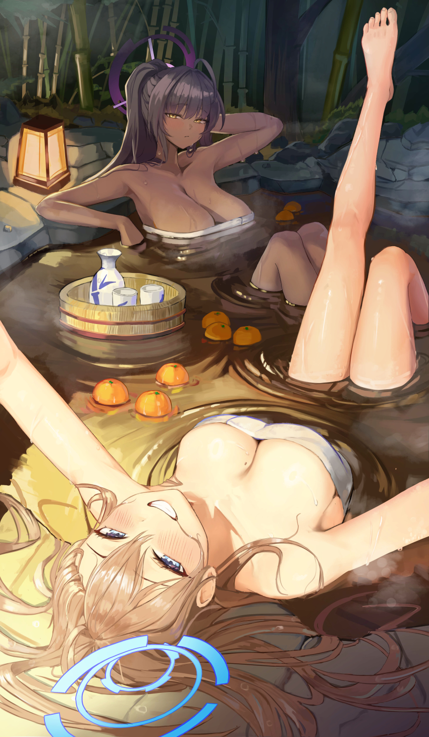 2girls, absurdres, arm_up, asuna_(blue_archive), bamboo, bamboo_forest, black_hair, blue_archive