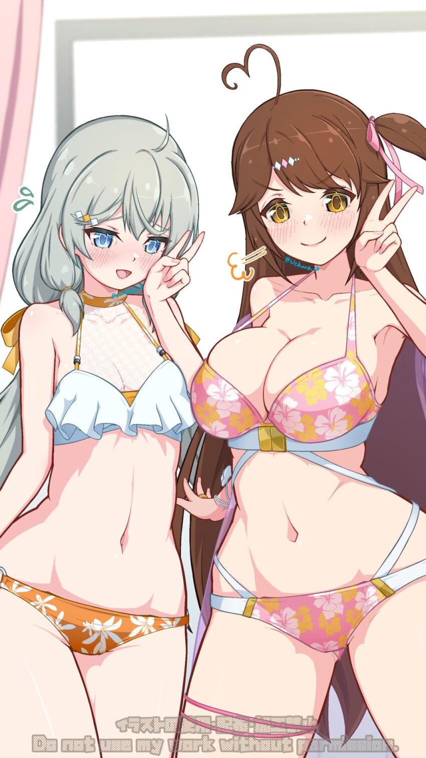 >:), 2girls, adapted_costume, ahoge, arm_at_side, assault_lily, bare_arms, bare_shoulders