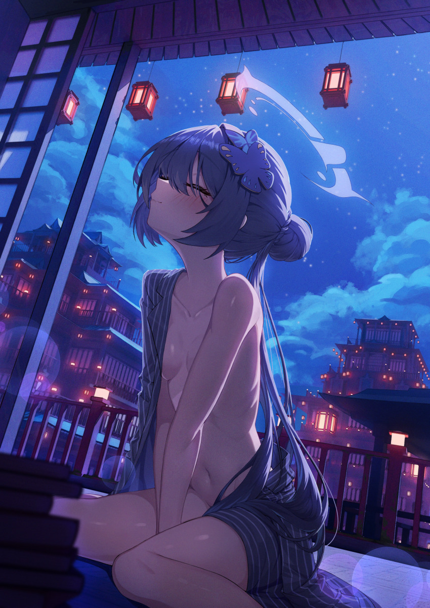 1girl, architecture, black_hair, black_jacket, blue_archive, blush, braid, braided_bun