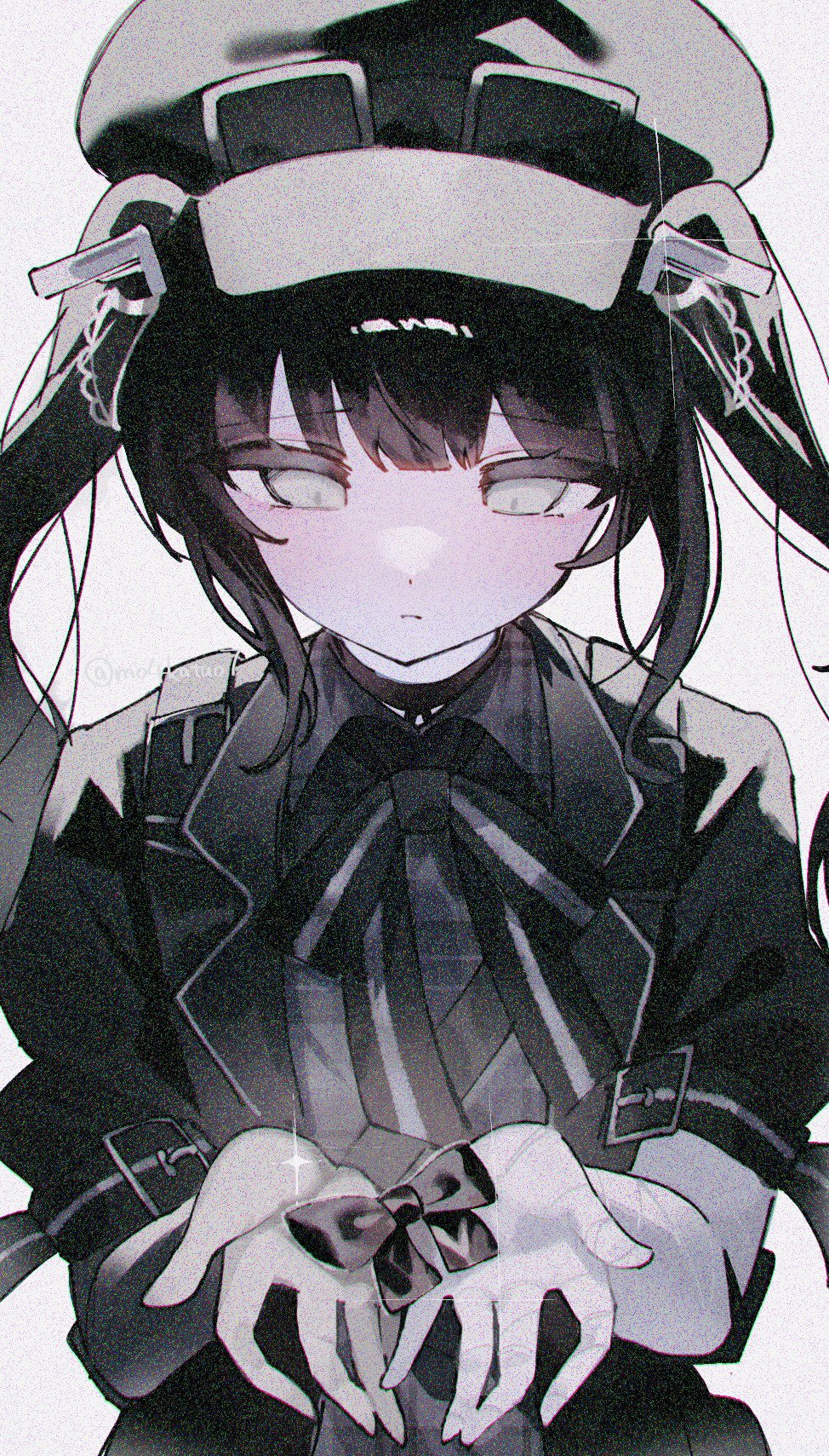 1girl, black_dress, black_hair, black_hat, black_necktie, black_ribbon, dress, film_grain