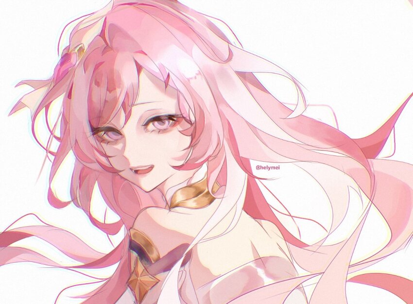 1girl, bare_shoulders, commentary, elysia_(herrscher_of_human:_ego)_(honkai_impact), elysia_(honkai_impact), english_commentary, floating_hair, hair_ornament