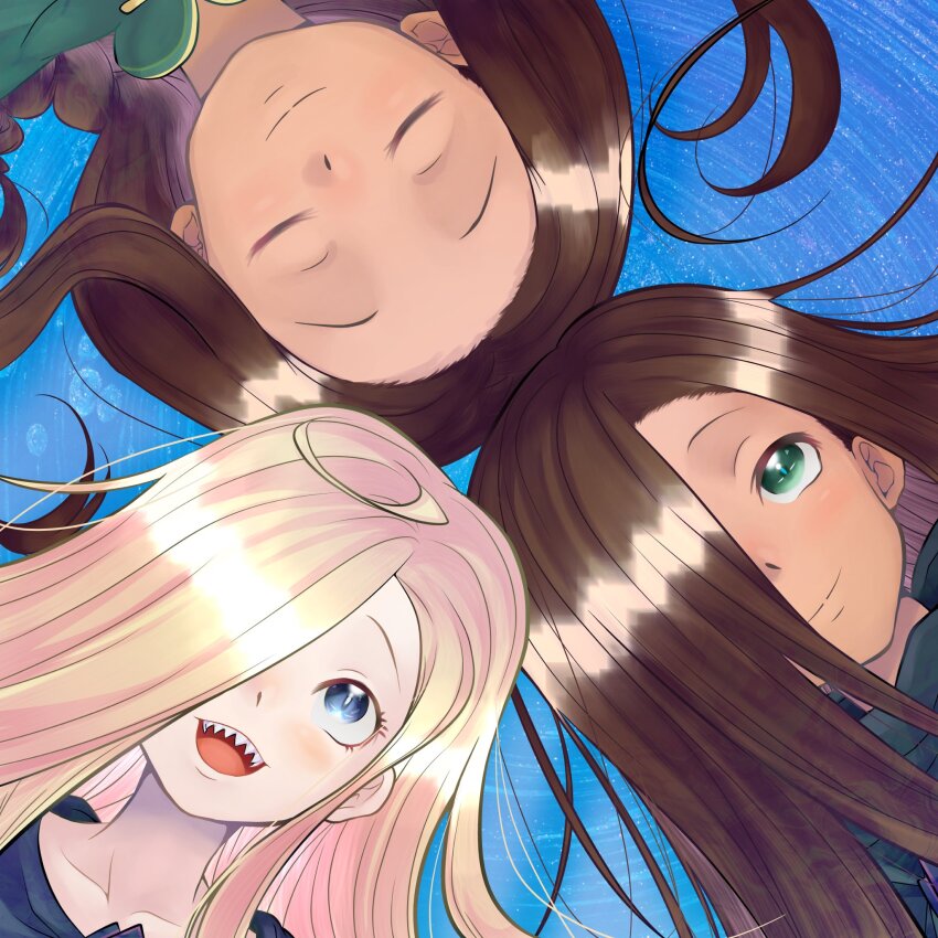 blonde_hair, blue_background, blue_eyes, brown_hair, closed_eyes, fangs, green_eyes, hair_spread_out