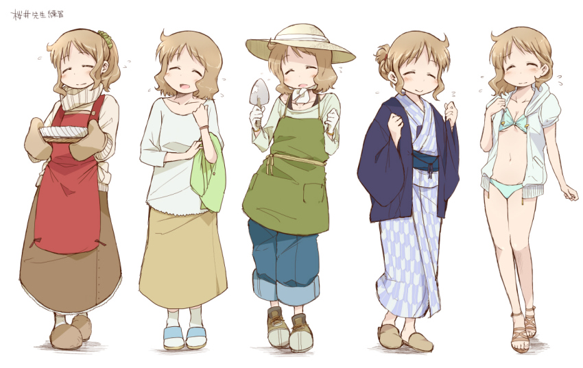 1girl, alternate_costume, apron, bikini, brown_hair, brown_skirt, closed_eyes, columns_ke, hat, holding, holding_trowel, hood, hoodie, jacket, jacket_over_swimsuit, japanese_clothes, kimono, nichijou, oven_mitts, sakurai_izumi, sandals, shoes, shovel, skirt, slippers, smile, sun_hat, sweater, swimsuit, trowel, worktool, yagasuri