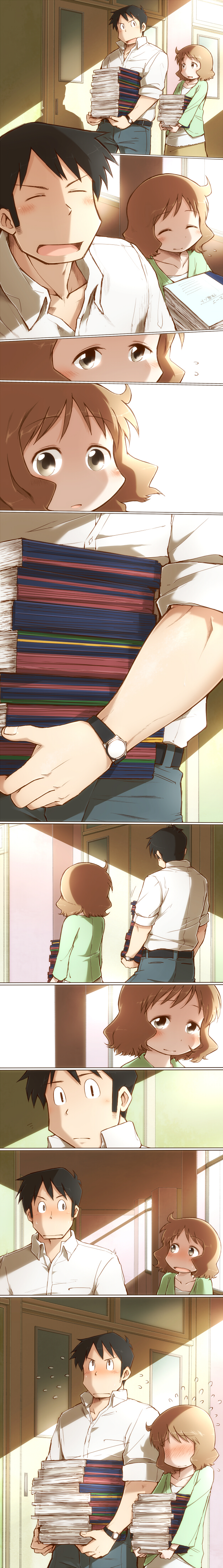 1boy, 1girl, absurdres, black_hair, blush, brown_hair, carrying, columns_ke, comic, closed_eyes, flying_sweatdrops, height_difference, highres, indoors, long_image, muscular, nichijou, open_mouth, sakurai_izumi, short_hair, silent_comic, takasaki_manabu, tall_image, teacher, watch