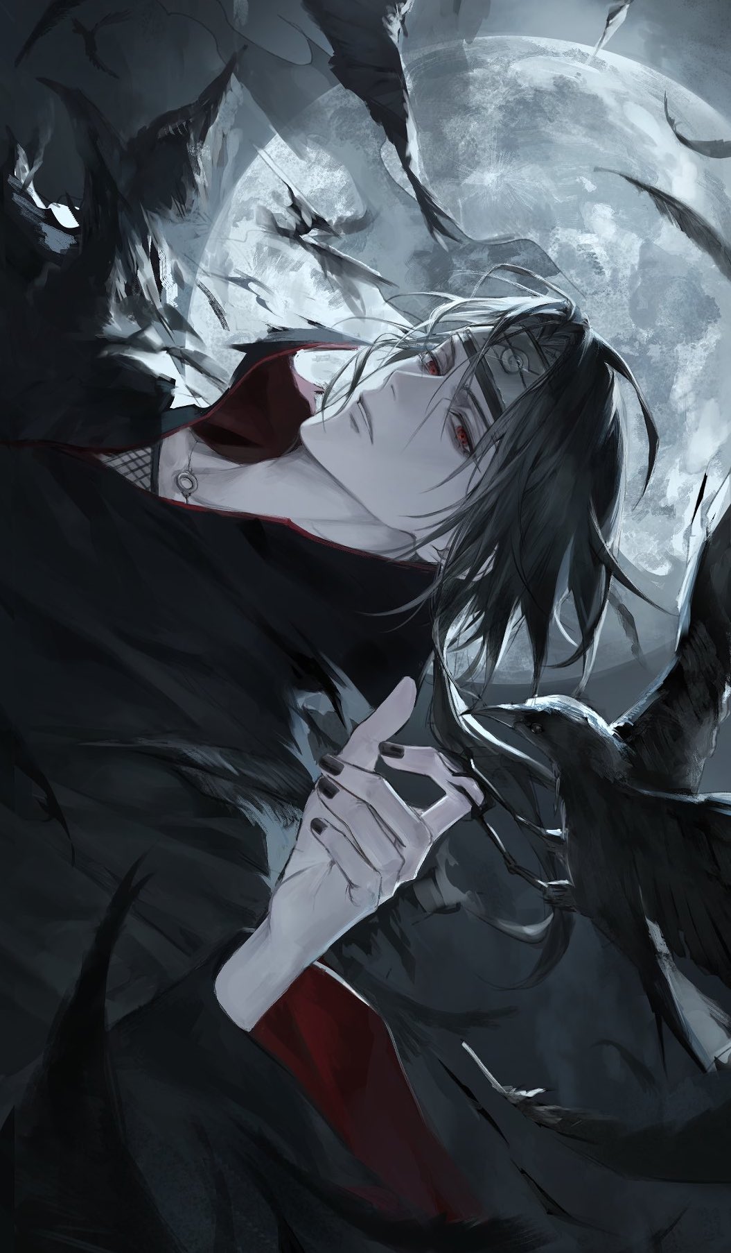 1boy, akatsuki_uniform, bird, black_hair, black_nails, chhiii_o_o, crow, forehead_protector