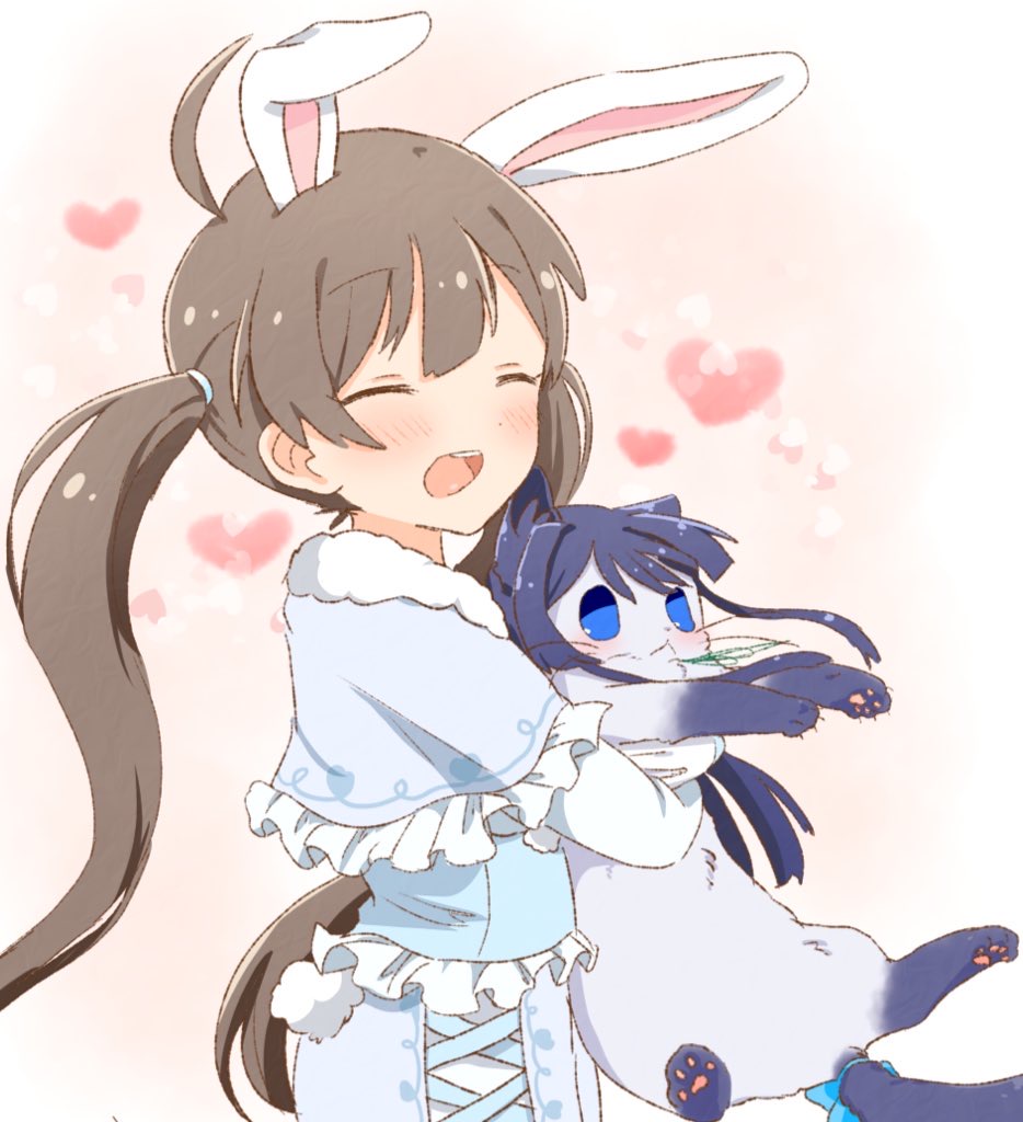 1girl, ahoge, animal, animal_ears, animalization, black_hair, blue_eyes, blush