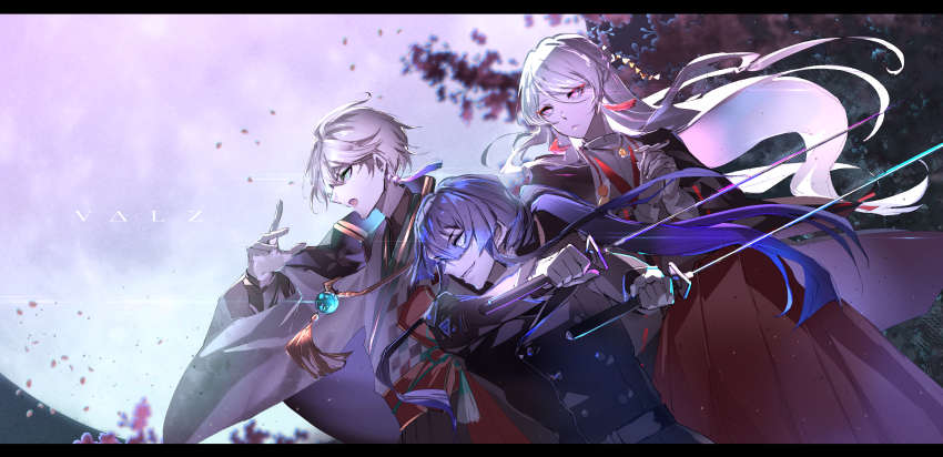 3boys, absurdres, aqua_eyes, black_border, black_hakama, black_jacket, black_shirt, blunt_ends, border, buttons, center-flap_bangs, checkered_clothes, checkered_kimono, collared_shirt, double-breasted, dual_wielding, earrings, falling_petals, feet_out_of_frame, fighting_stance, from_side, full_moon, genzuki_toujirou, genzuki_toujirou_(2nd_costume), gloves, grey_hair, grey_kimono, group_picture, hair_between_eyes, hair_ornament, hair_stick, hakama, hand_up, haori, highres, holding, holding_sword, holding_weapon, jacket, jacket_on_shoulders, japanese_clothes, jewelry, kaida_haru, kaida_haru_(1st_costume), katana, kimono, letterboxed, light_particles, long_hair, long_sleeves, looking_ahead, looking_to_the_side, male_focus, moon, multiple_boys, nagao_kei, nagao_kei_(1st_costume), nijisanji, open_mouth, own_hands_clasped, own_hands_together, parted_lips, petals, ponytail, purple_eyes, purple_hair, red_eyes, red_hakama, shirt, shirt_under_kimono, short_hair, smile, sweater_guard, sword, tassel, tassel_earrings, tree, upper_body, valz, virtual_youtuber, weapon, white_gloves, white_kimono, white_shirt, yuki_no_noji