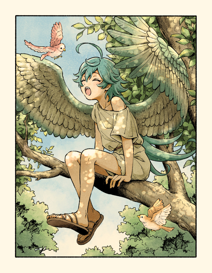 1boy, ahoge, aqua_hair, arms_at_sides, bare_legs, bird, blue_sky, border